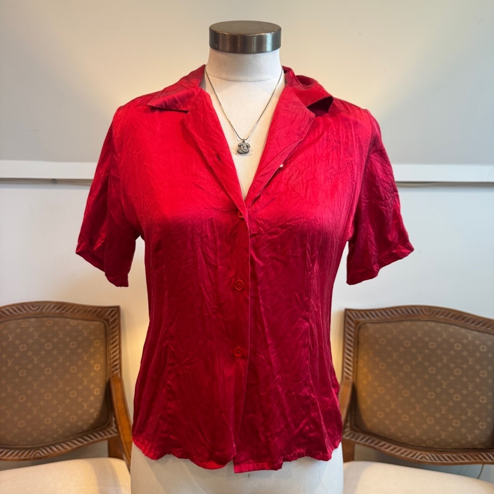 Vintage 90s Red Silk Button Up Top Blouse Short Sleeves Women's Small